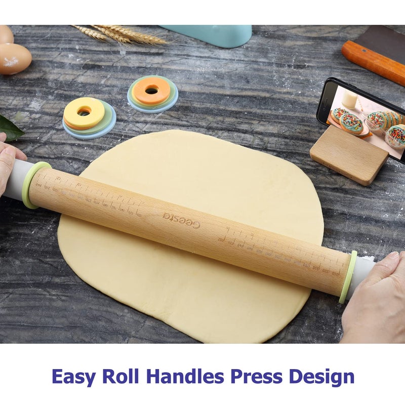 Geesta Adjustable Wood Rolling Pin with 5 Thickness Rings, Precise Dough Roller Handle Press Design with Measurement Guide for Baking Fondant, Pie Crust, Cookie, Pastry - Baking Essential - Image 2